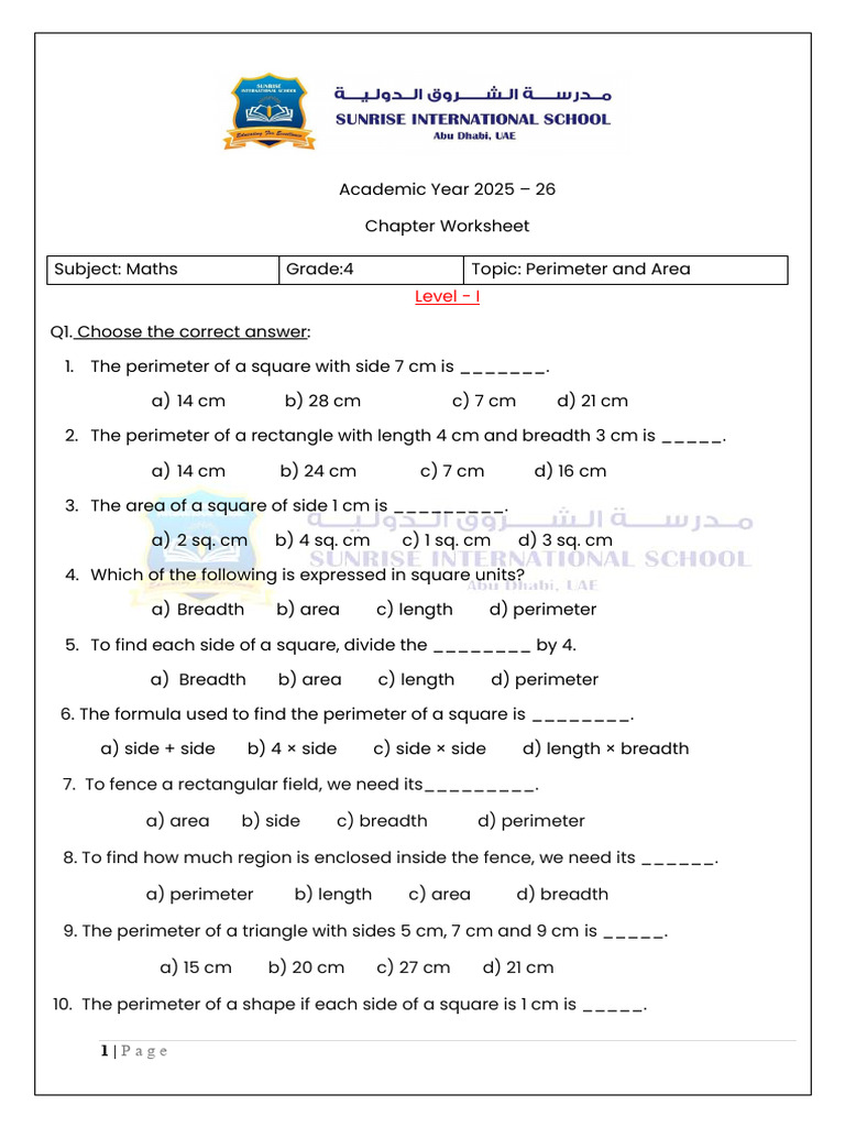Gr 4 Perimeter and Area Worksheet-ETH - Edited 2026 | PDF | Area | Length