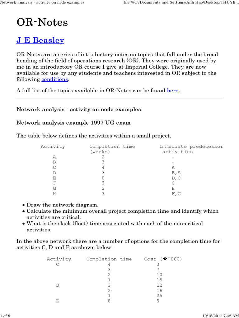 Network Analysis - Activity On Node Examples | PDF