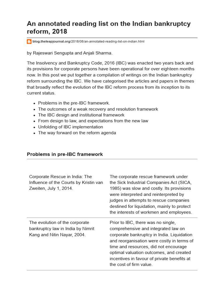 An Annotated Reading List on the Indian Bankruptcy Reform, 2018 | PDF ...