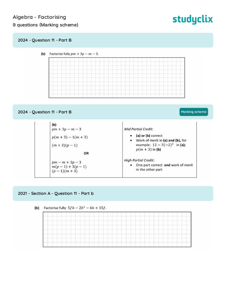 Algebra - Factorising Questions With Marking-scheme | PDF