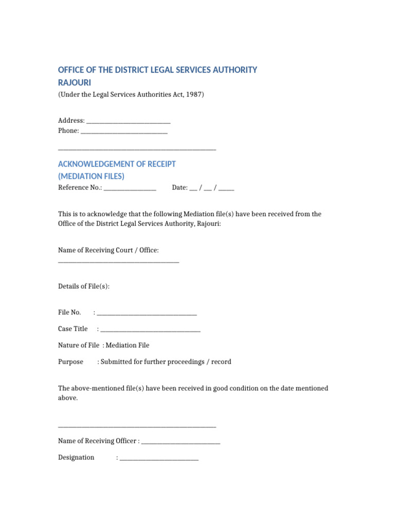 Mediation File Acknowledgement DLSA Rajouri | PDF