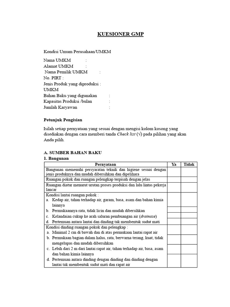 Kuesioner GMP, Ssop, Haccp | PDF
