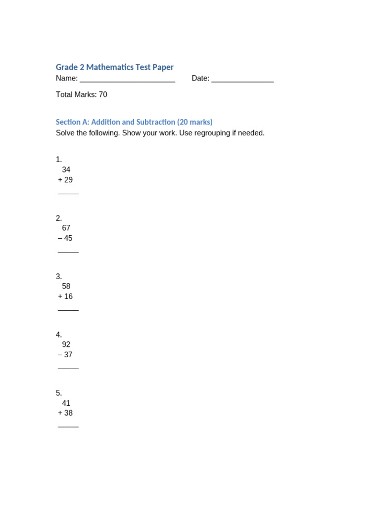 Grade 2 Math Test Paper | PDF