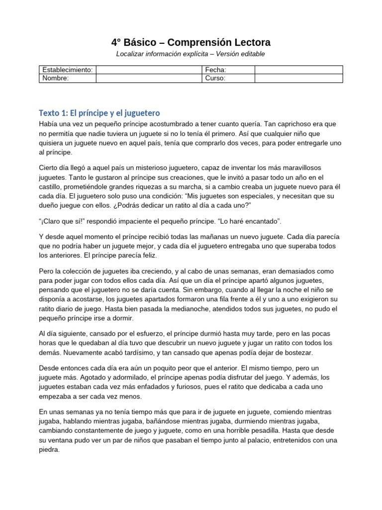 Comprension Lectora 4 Basico Editable Actualizado (1) | PDF