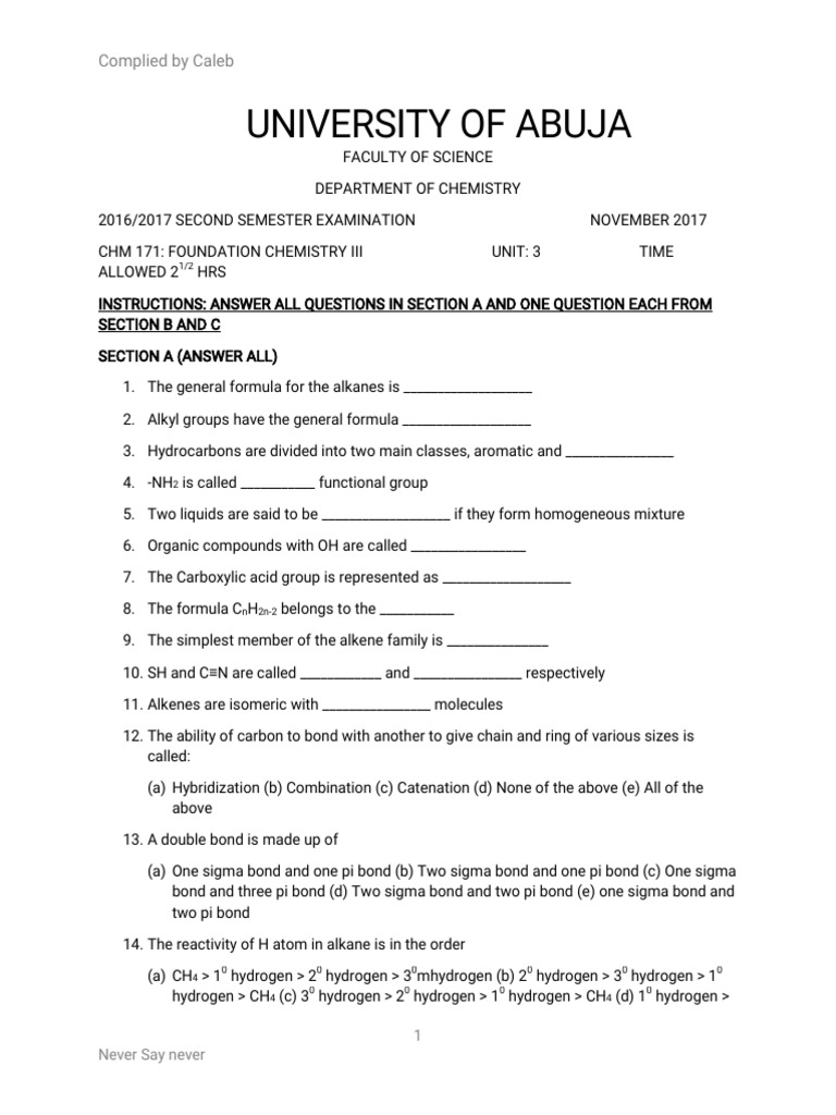 CHEM171 EXAM PAST QUESTION AND ANSWER BY CALEB | PDF