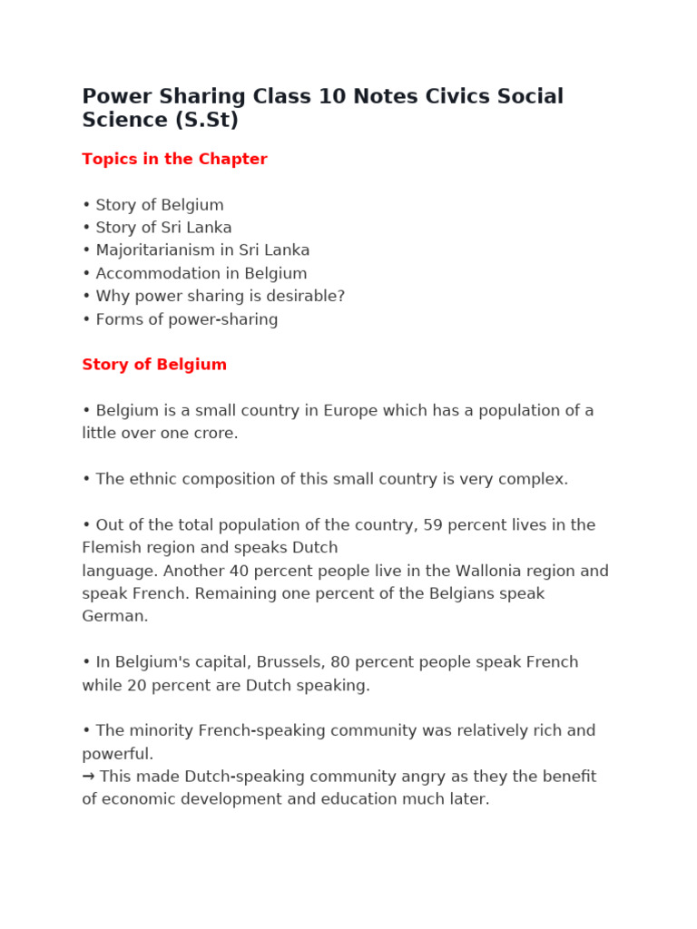 Power Sharing Class 10 Notes Civics Social Science | PDF | Sri Lanka ...