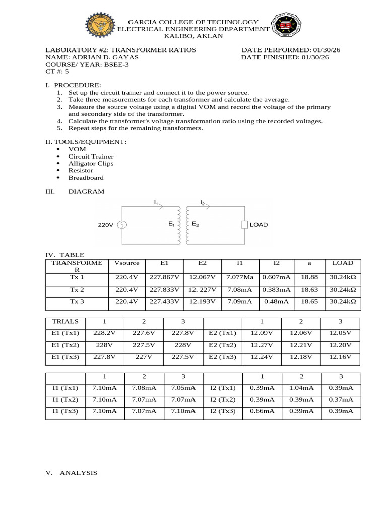 LABORATORY 2 FOR APPARATUS | PDF | Transformer | Electrical Network