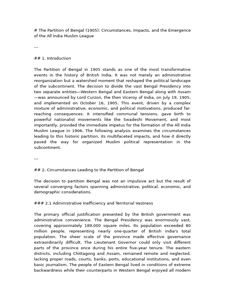 The Partition of Bengal | PDF | All India Muslim League | Partition Of ...