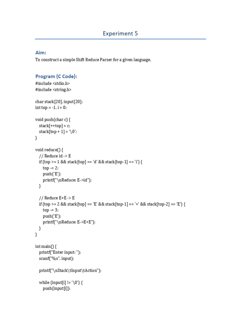 Experiment 5 Shift Reduce Parser | PDF