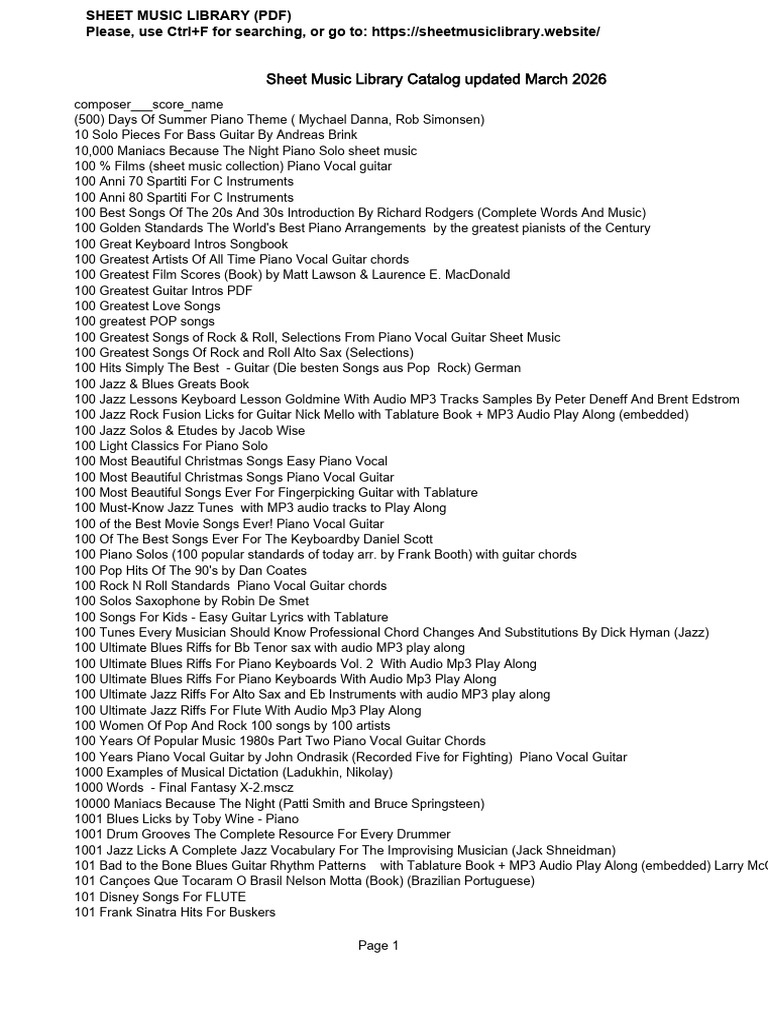 Sheet Music Library Catalog Updated March 2026 | PDF | Jazz | Sheet Music