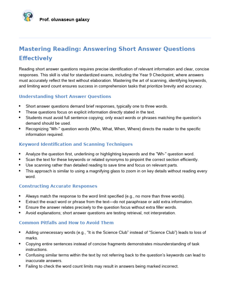 Answering Short Answer Reading Questions | PDF | Question | Reading ...