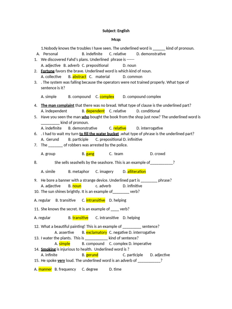 Class 9th Mcqs Copy | PDF | Verb | Clause
