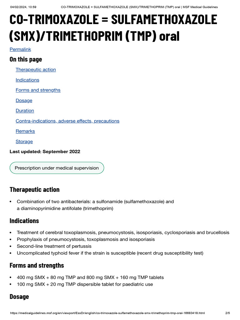Co-trimoxazole = Sulfamethoxazole (Smx)_trimethoprim (Tmp) Oral _ Msf ...