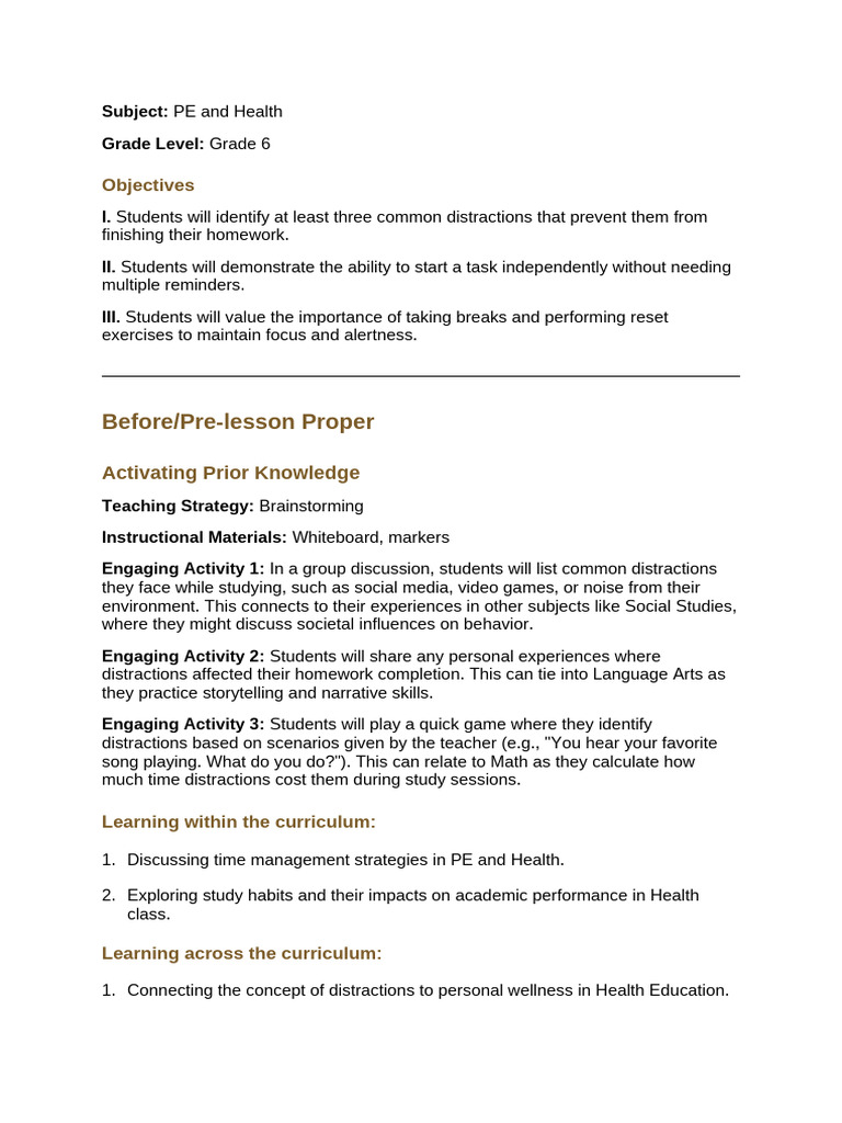 Lesson Plan - PE and Health 6 | PDF | Physical Education | Learning