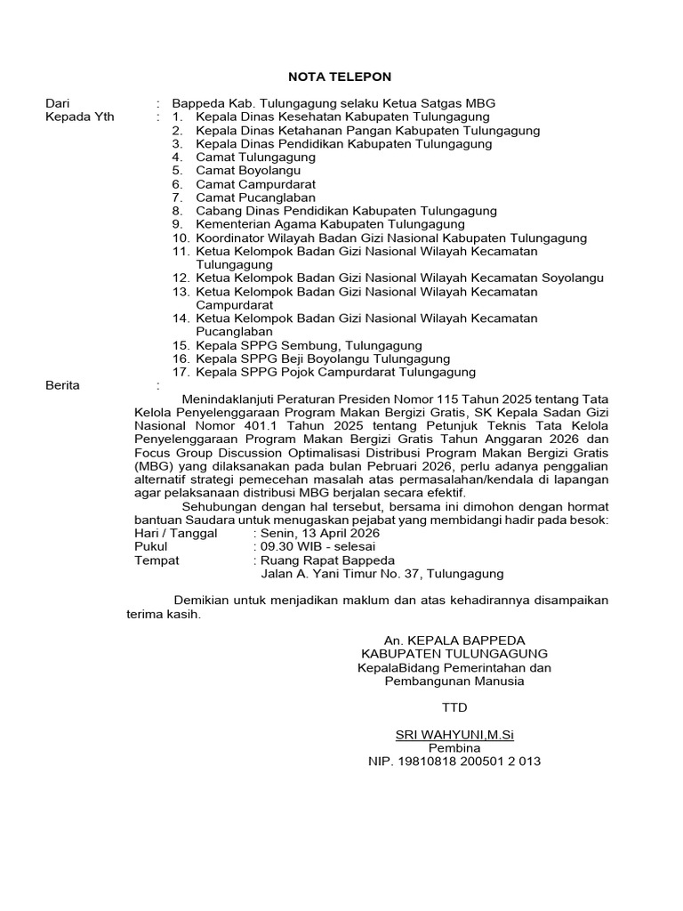 Nota Telp Undangan FGD Program MBG 13 April 2026 | PDF