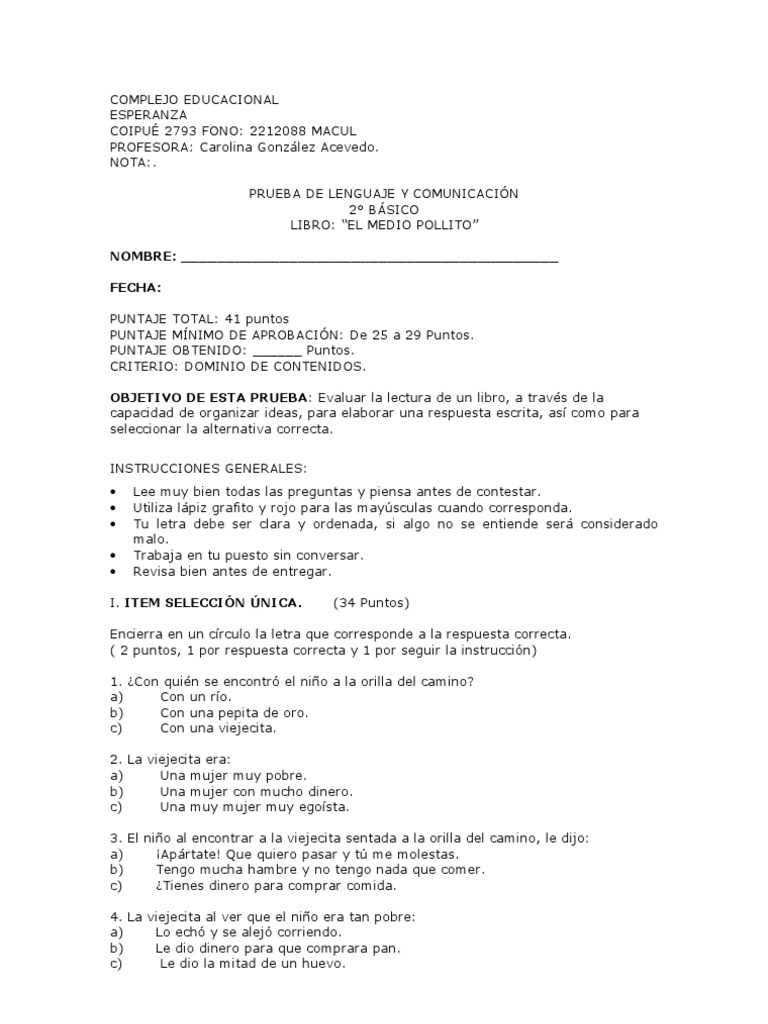 Prueba de Lenguaje y Comunicacion Segundo | PDF