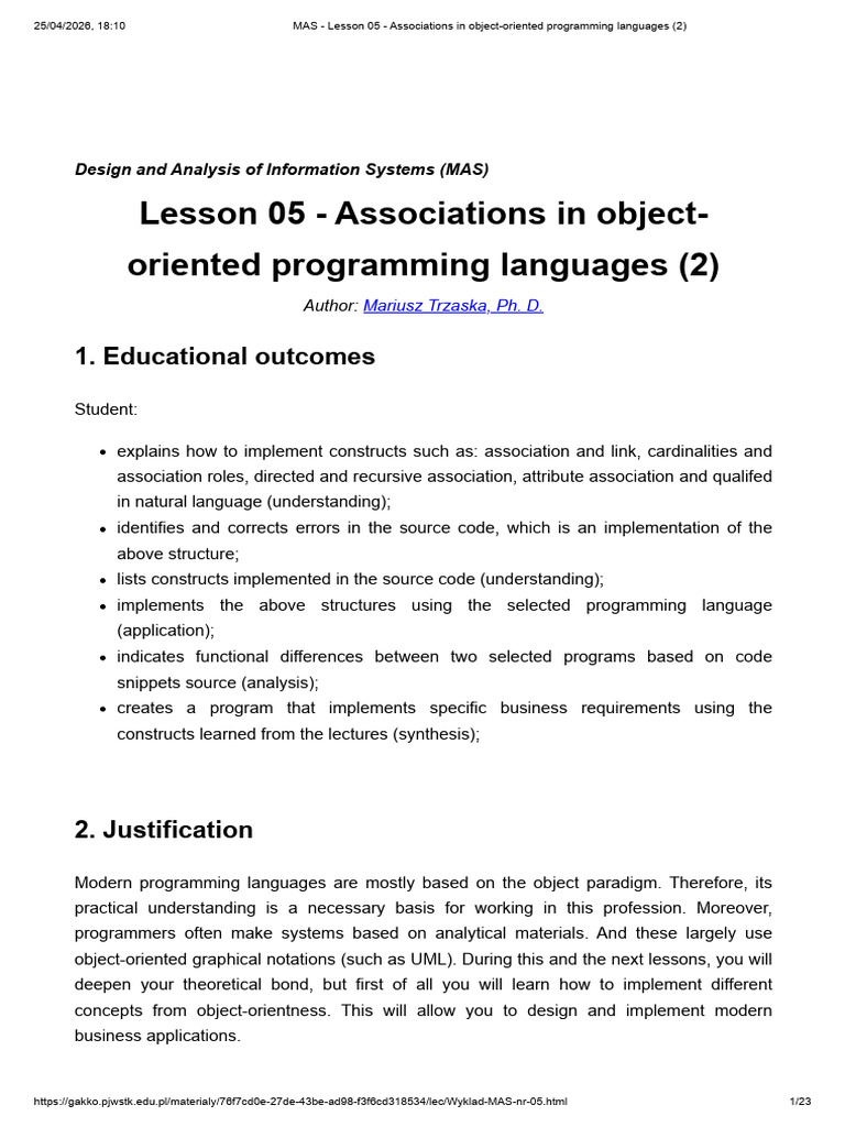 MAS - Lesson 05 - Associations in Object-Oriented Programming Languages ...