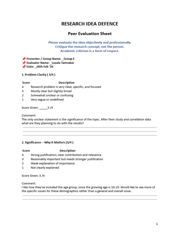 Research Idea Defence (Evaluation Sheet) | PDF | Cognitive Science ...