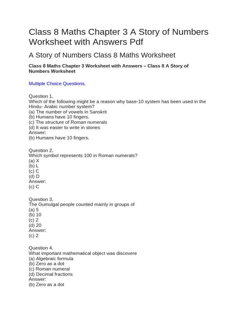 Class 8 Maths Chapter 3 A Story of Numbers Worksheet With Answers PDF ...
