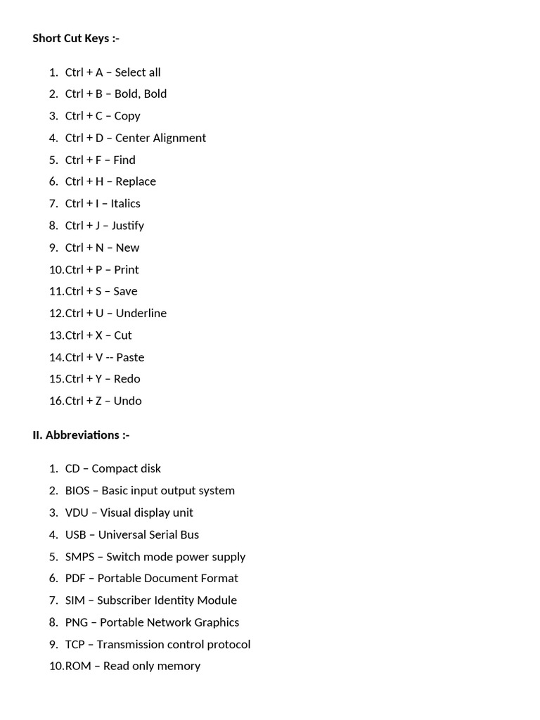 Computer Science Short Cut Keys and Abbreviation | PDF