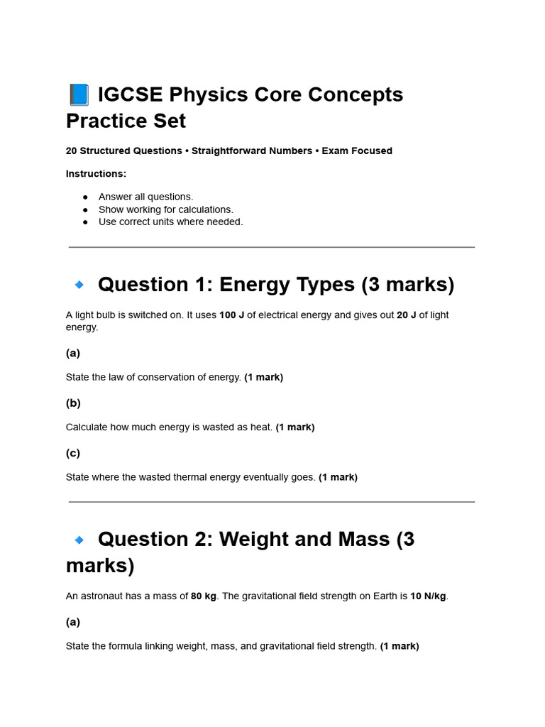 IGCSE Physics Core Concepts Practice Set ( Yang Gw Ga Bisa) | PDF | Sun ...
