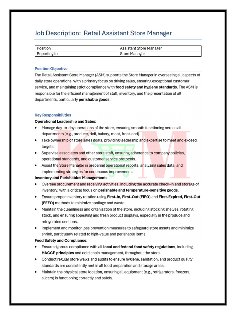 Assistant Store Manager JD | PDF | Inventory | Food Safety