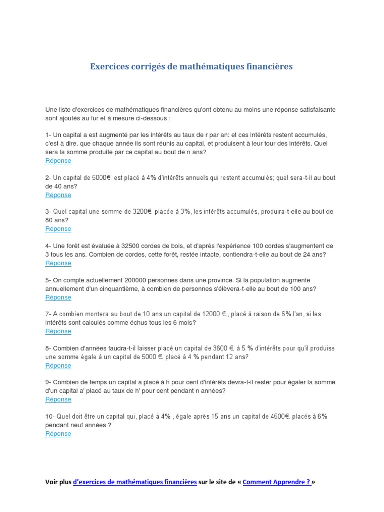 Mathématiques Financières Cours Et Exercices Corrigés Pdf Exercices Corrigés de Mathématiques Financières | PDF | Économie | Business