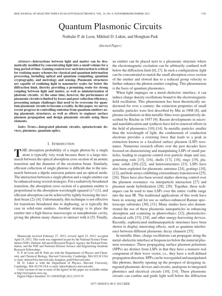 Quantum Plasmonic Circuits | PDF | Plasmon | Nanowire
