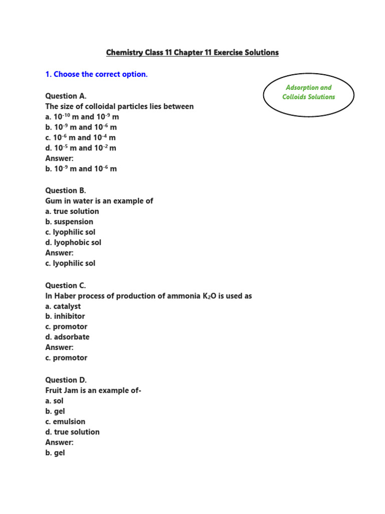 Adsorption and Colloids Solutions Chem XI | PDF | Adsorption | Colloid
