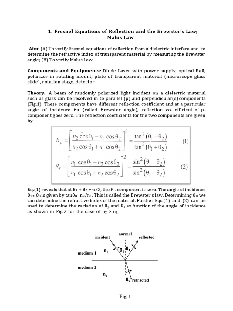 Exp-3-Fresnel Equations of Reflection and the Brewster’s Law; | PDF ...