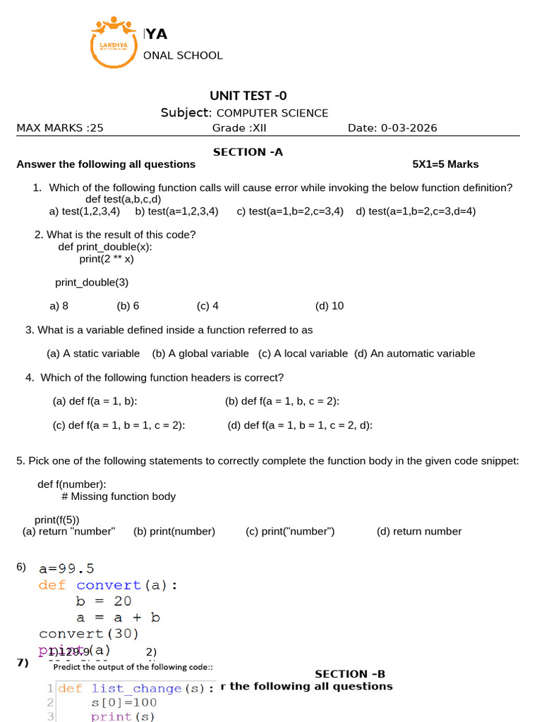 Grade XII Computer Science Zero Test | PDF | Parameter (Computer ...