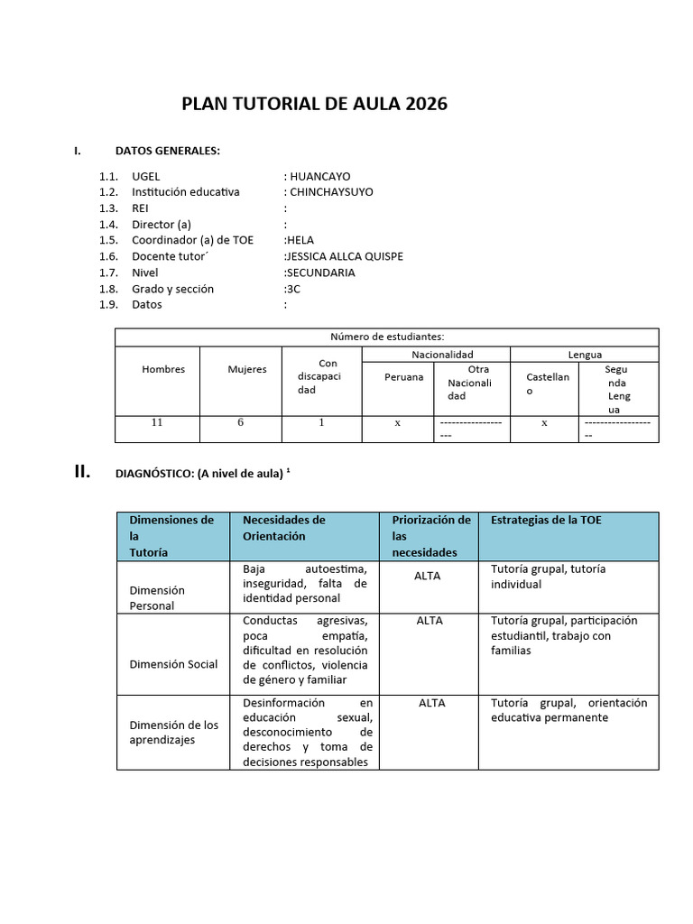 Anexo - Plan Tutorial de Aula - Formato | PDF | Las emociones | Salón ...