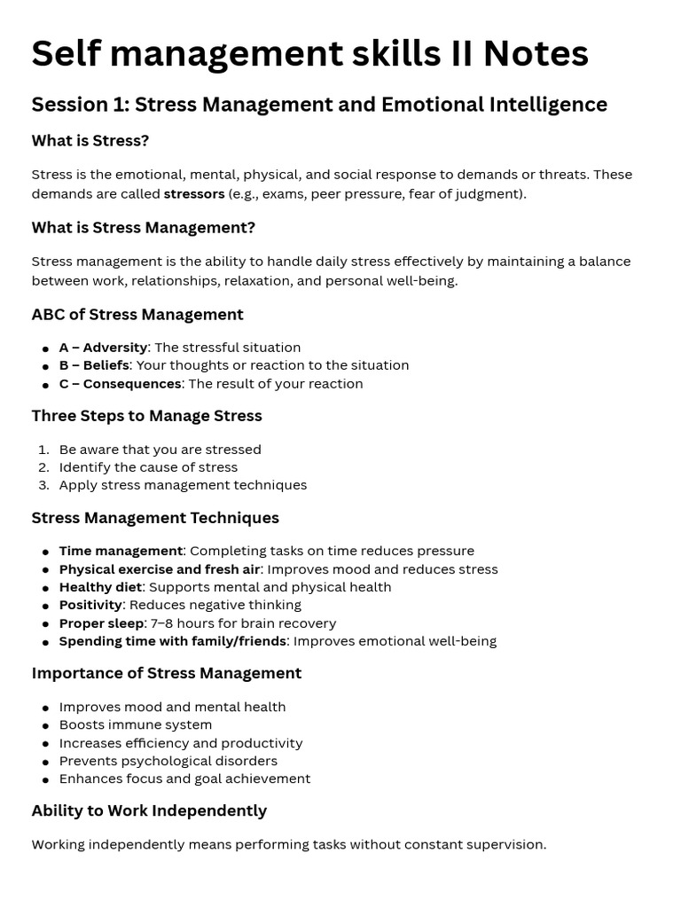 Self management skills II Notes | PDF | Stress Management | Motivational