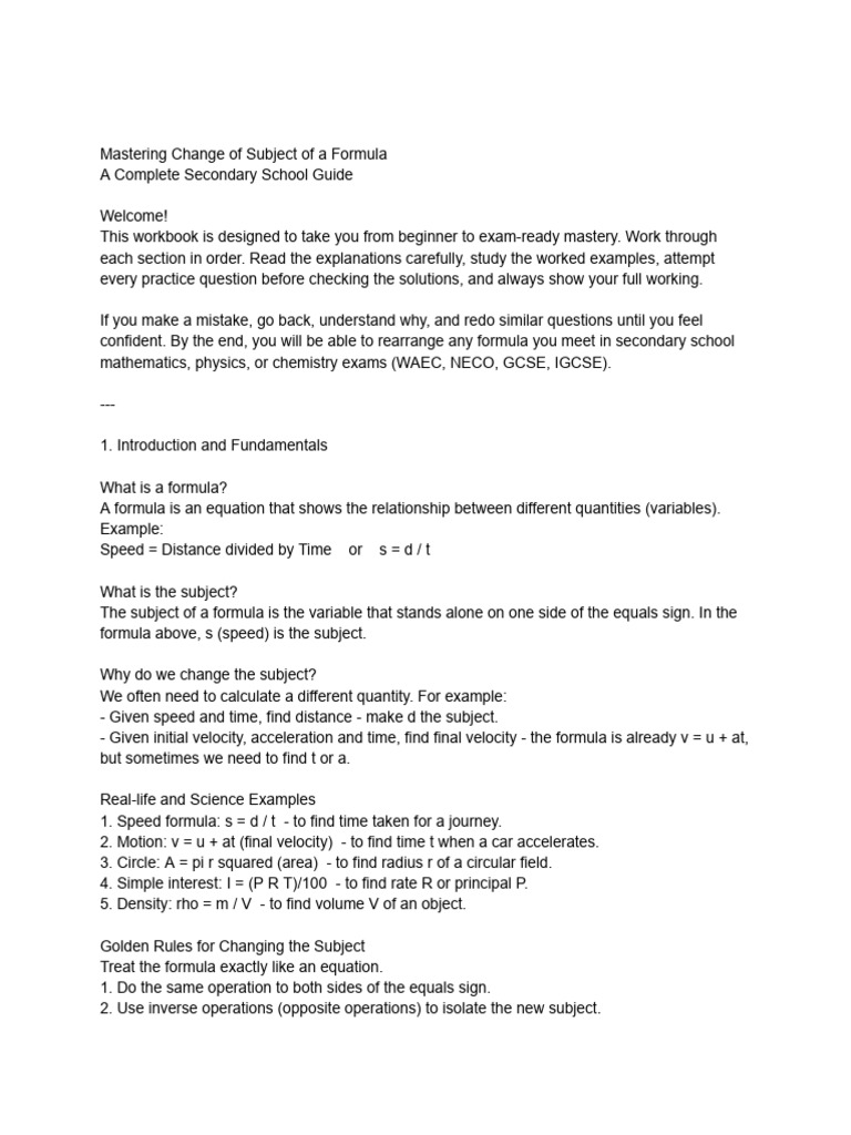 Mastering Change of Subject of a Formula | PDF | Velocity | Multiplication