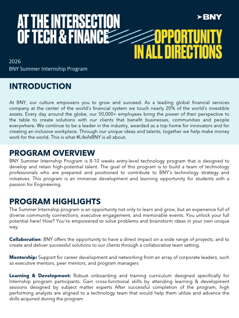 Job Description BNY Summer Internship Program-1 | PDF | Mentorship ...