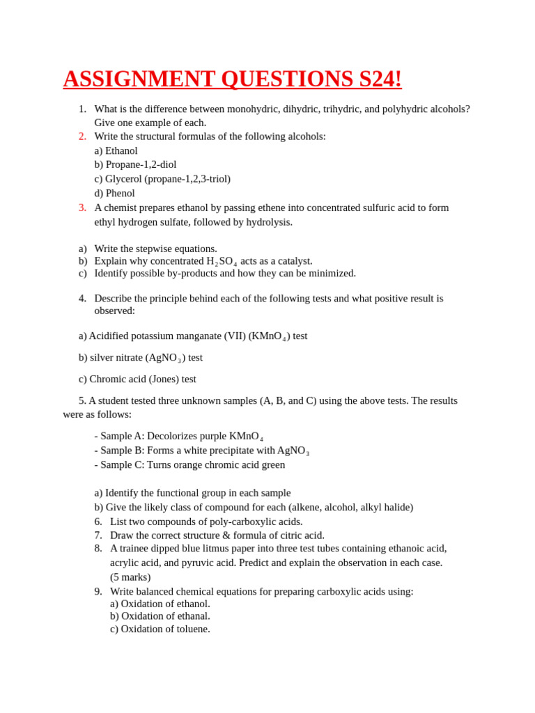 ASSIGNMENT QUESTIONS S24 module | PDF | Amine | Polymerization