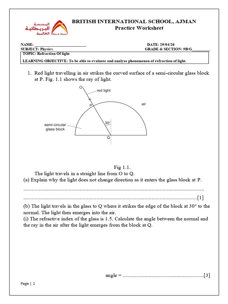 Grade 9 Refraction of Light Practice Sheet | PDF | Light | Refraction