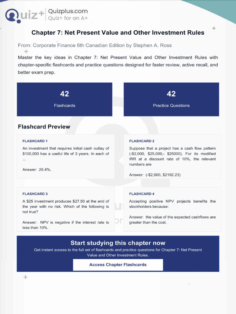 Flashcards for Chapter 7 Net Present Value and Other Investment Rules | PDF