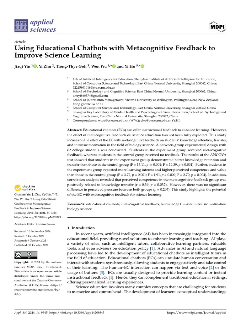 Using Educational Chatbots with Metacognitive Feedback to Improve ...