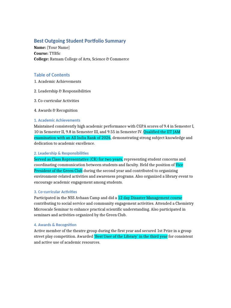 Best Outgoing Student Summary | PDF