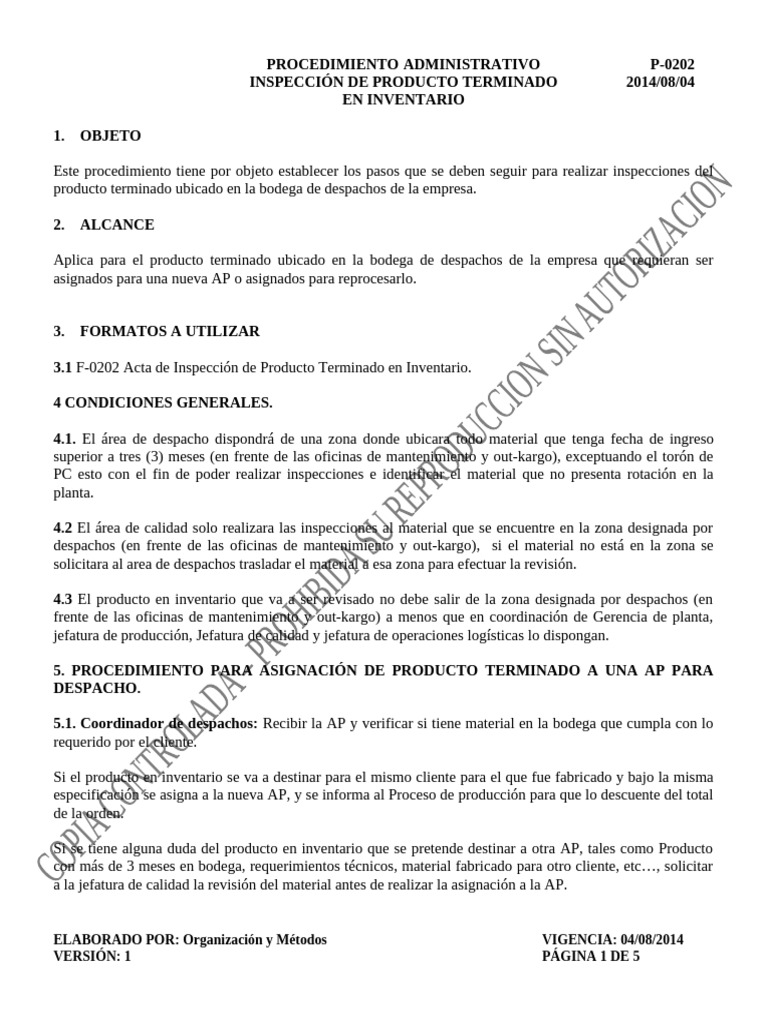 realizar inspecciones del producto terminado ubicado en la bodega | PDF