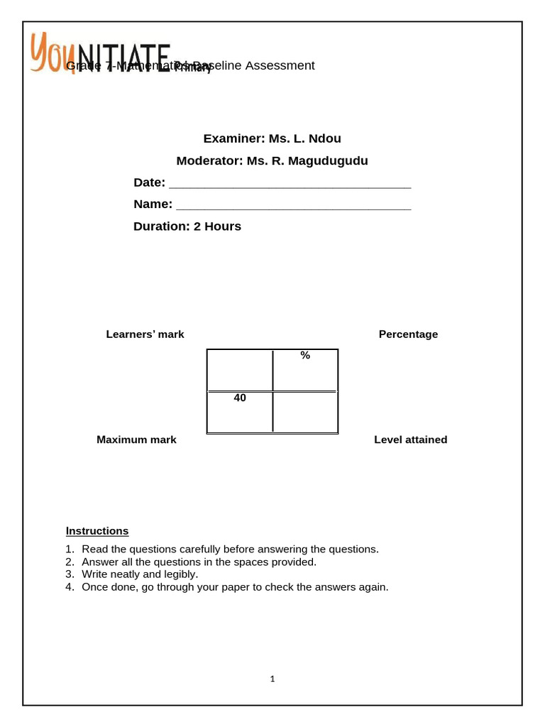 Grade 7 Baseline Assessment | PDF | Chess Openings | Chess Theory