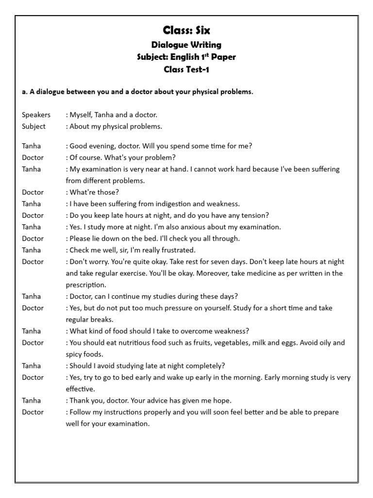 Dialogue Writing Class Six Class Test 1 2026 | PDF