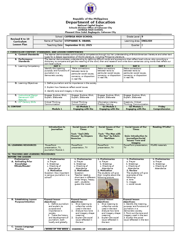 Quarter 2 Week 3 English 9 Weekly Lesson Plan | PDF | Reading ...