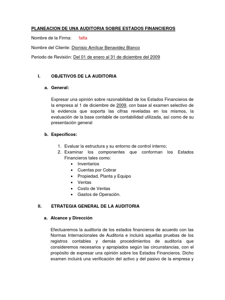 Planeacion de Una Auditoria Sobre Estados Financieros | PDF | Estado ...