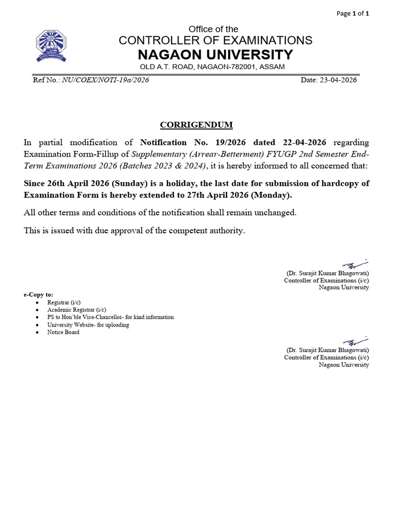 Corrigendum- Supplementary (Arrear-Betterment) Examination Form Fill-Up ...