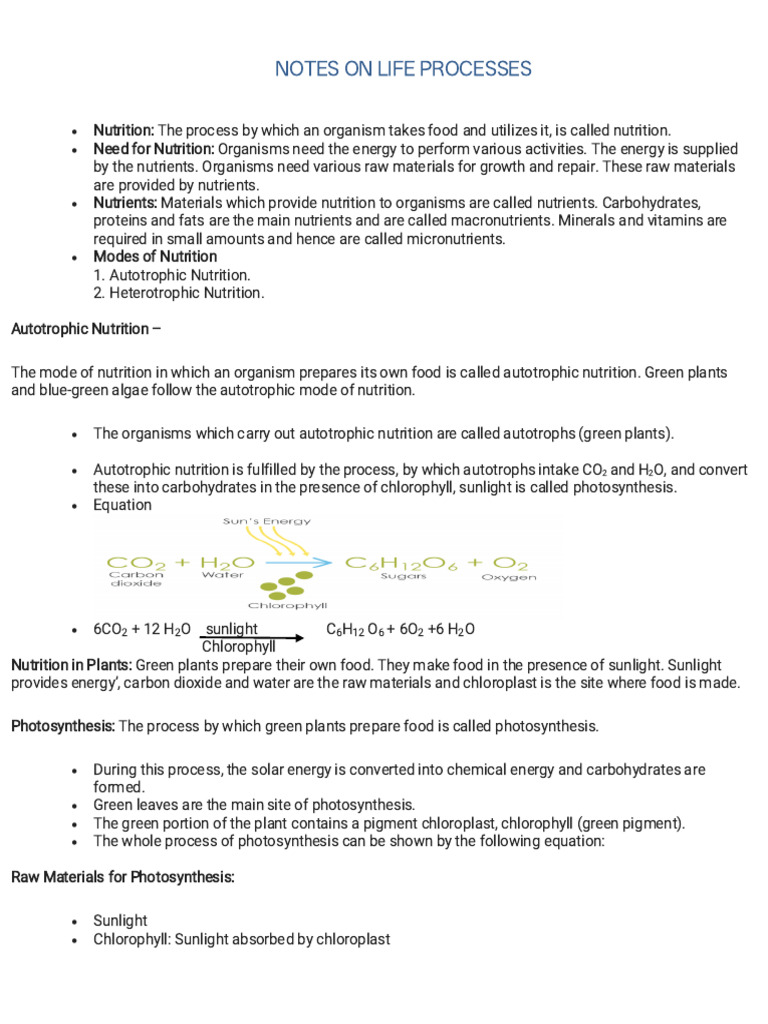 Notes on Life Processes | PDF | Nutrition | Diet & Nutrition