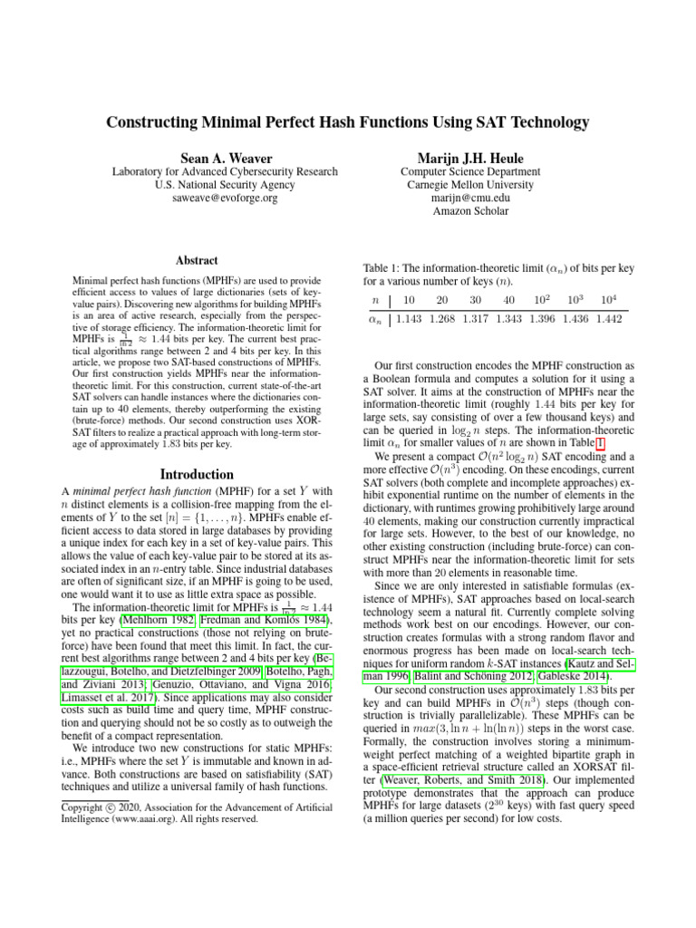 2019 - Constructing Minimal Perfect Hash Functions Using SAT Technology ...