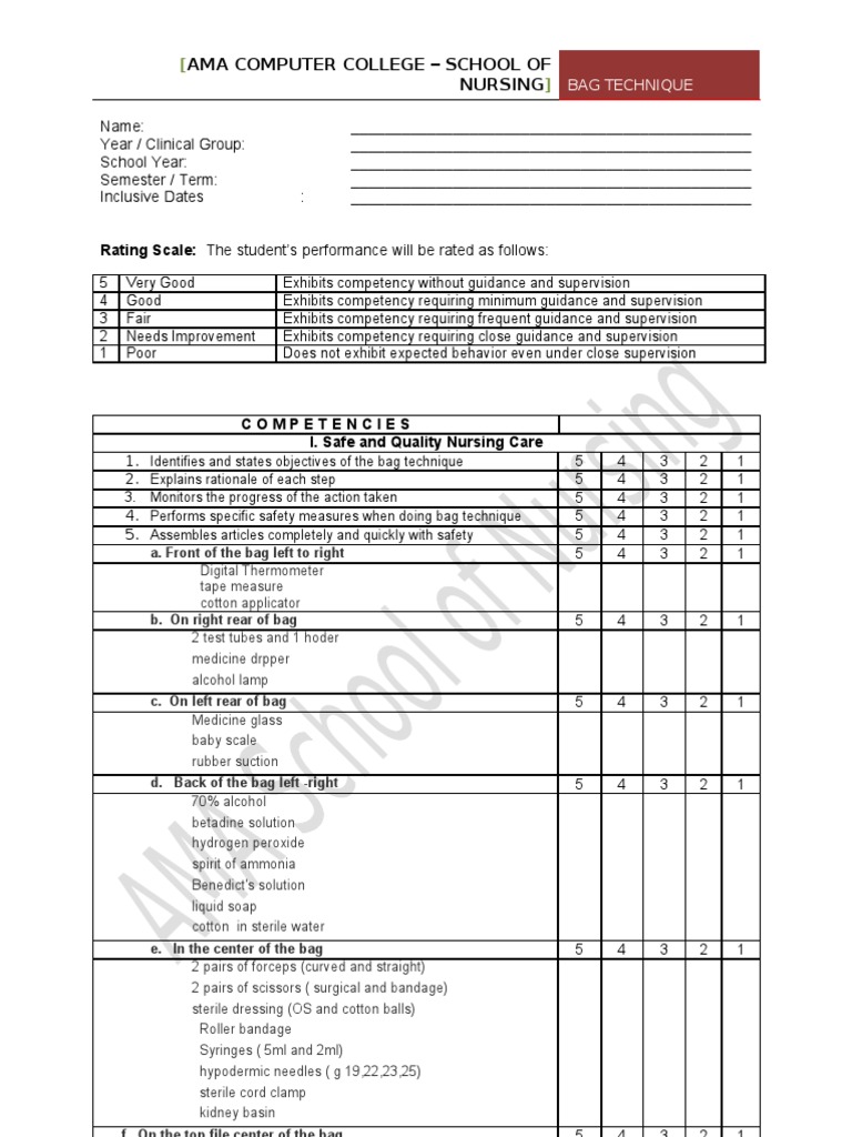 COMPETENCIES Bag Technique Nursing Educational Assessment