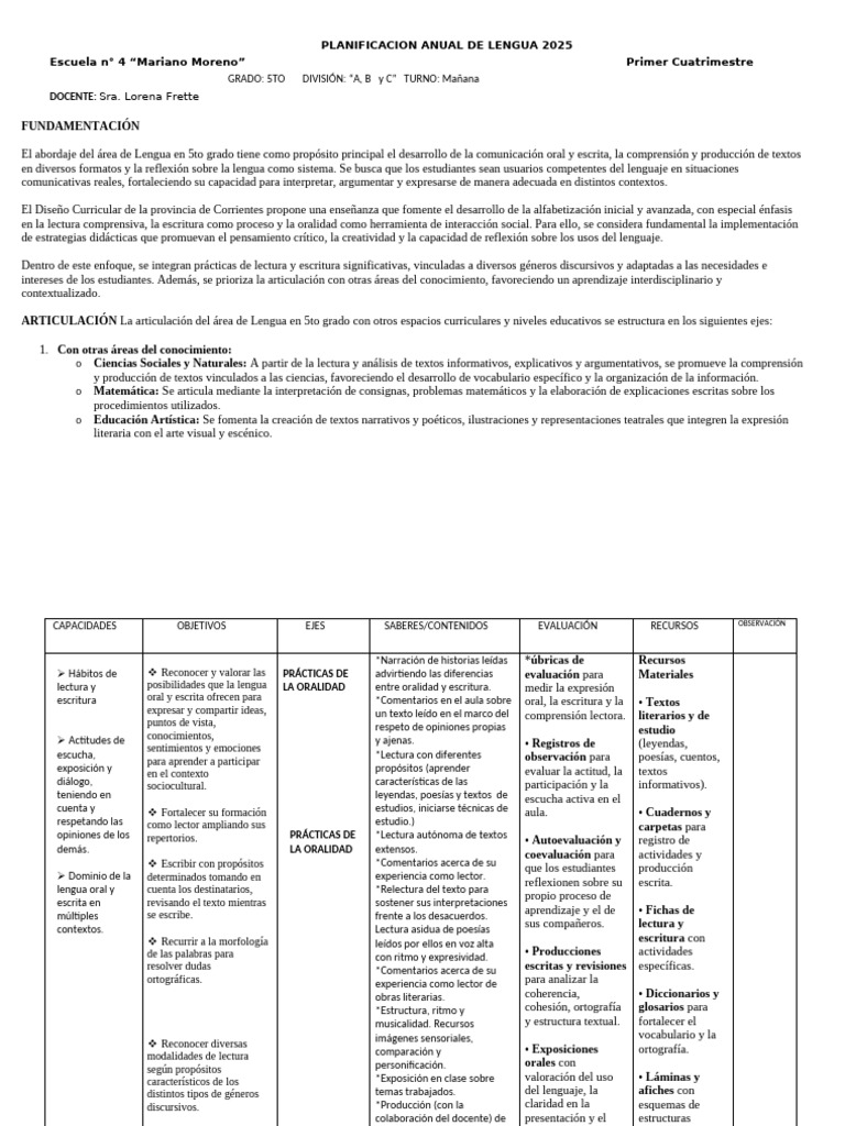 Planificacion Anual de Lengua 2025 Primer Cuatrimestre | PDF | Plan de ...
